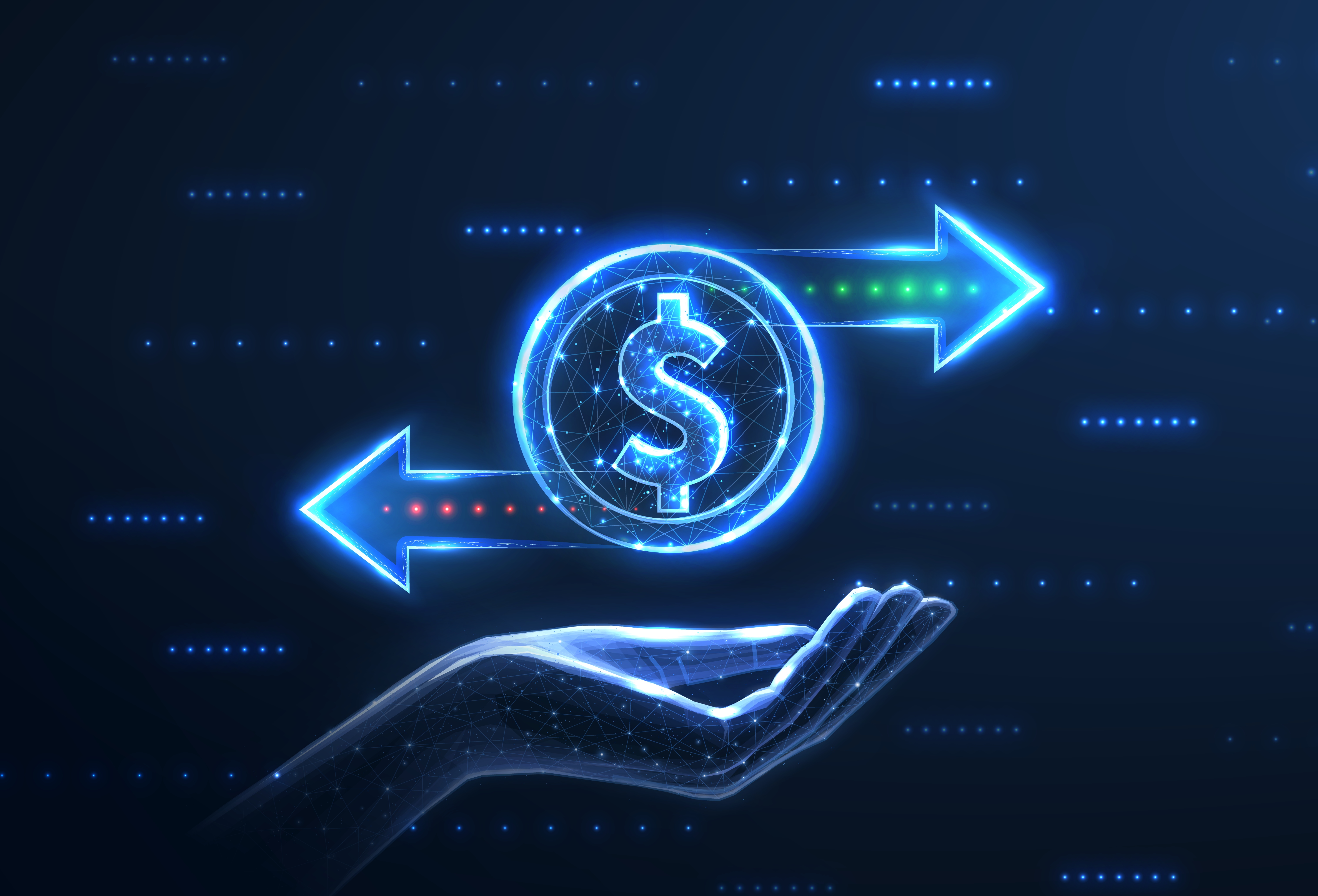 A digital dollar symbol with arrows coming out of it to the left and right